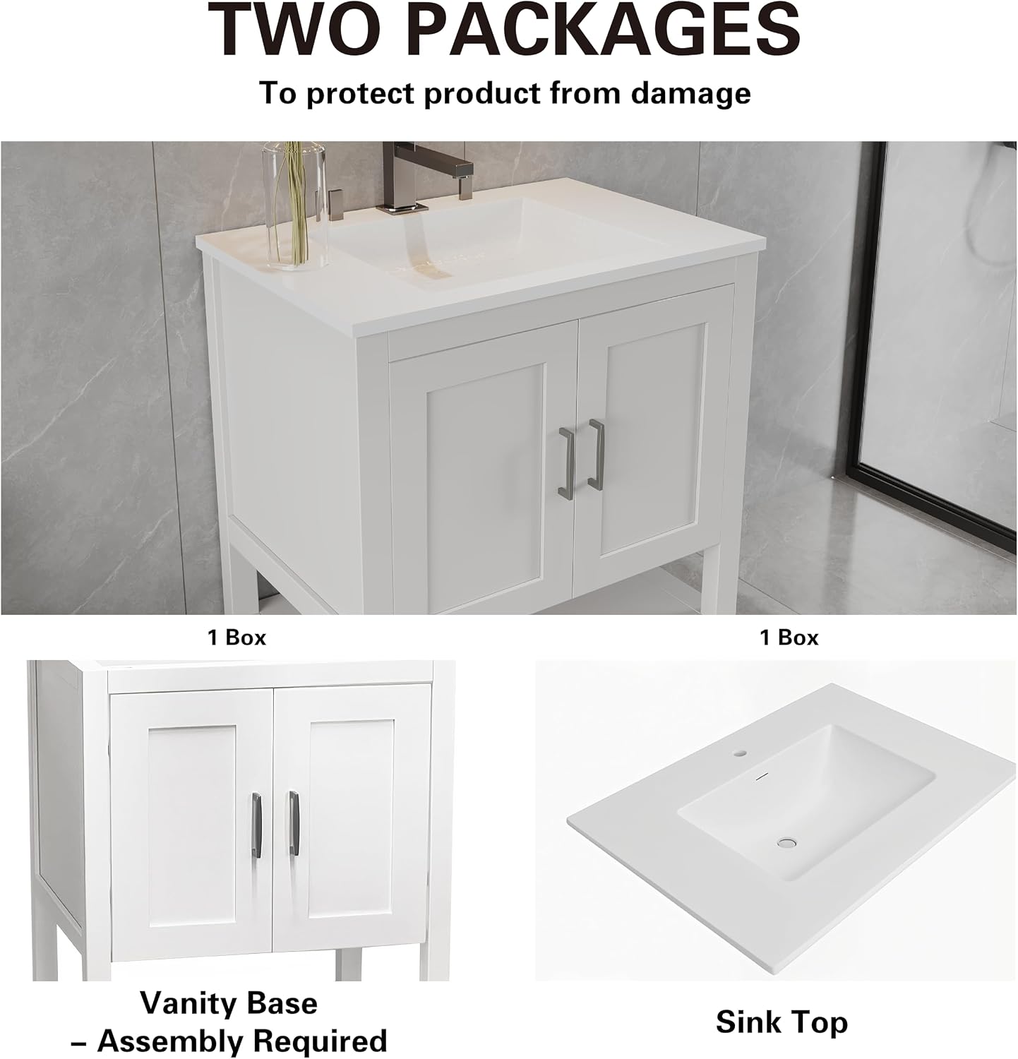 24' Bathroom Vanity with Sink – Freestanding Solid Wood Cabinet with Open Shelf, Soft-Close Doors, Matte White Resin Integrated Top (25' Top Included, White)