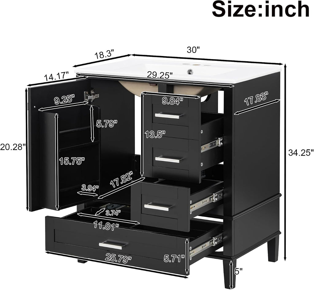 Harper & Bright Designs 30' Bathroom Vanity with Sink, Free Standing Single Basin Vanity Set with One Door, 2 Drawers and Divided Drawers, Wood Bathroom Cabinet with Ceramic Basin for Bathroom, Black