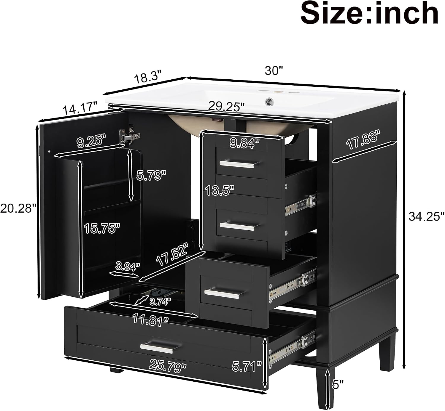 Harper & Bright Designs 30' Bathroom Vanity with Sink, Free Standing Single Basin Vanity Set with One Door, 2 Drawers and Divided Drawers, Wood Bathroom Cabinet with Ceramic Basin for Bathroom, Black