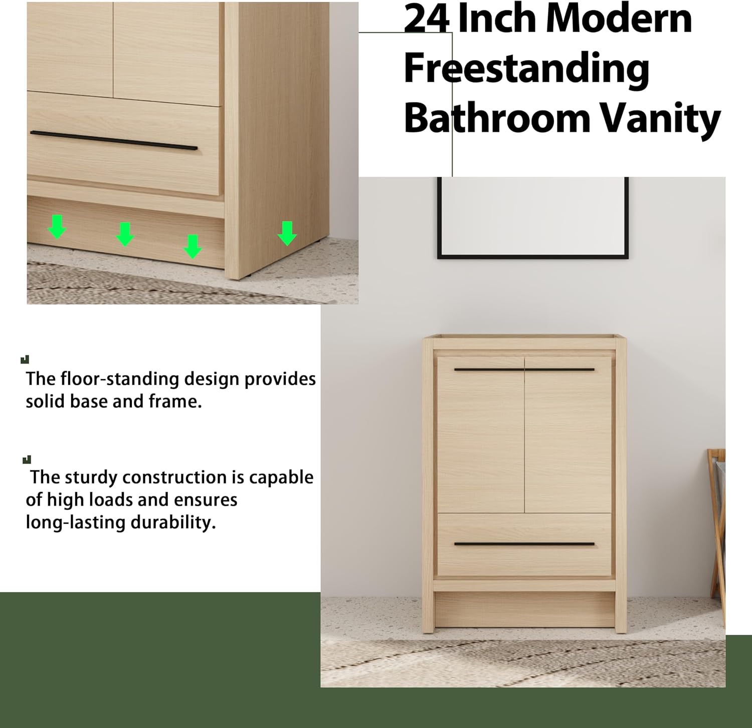 24 Inch Bathroom Vanity Without Sink, 24' Freestanding Vanity Without Sink Top, Sturdy Plywood Wooden Cabinet and 1 Drawer with Stainless Steel Slide Rails, Modern Floor-Standing Cabinet