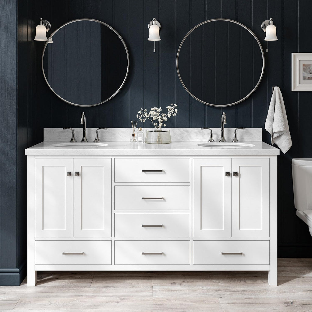 ARIEL Cambridge 66-inch Bathroom Vanity with Sink,Solid Wood, 1.5-inch Italian Carrara Marble Countertop & Backsplash, Double Oval Porcelain Sink, 4 Soft Closing Doors, 6 Dovetail Drawers, White