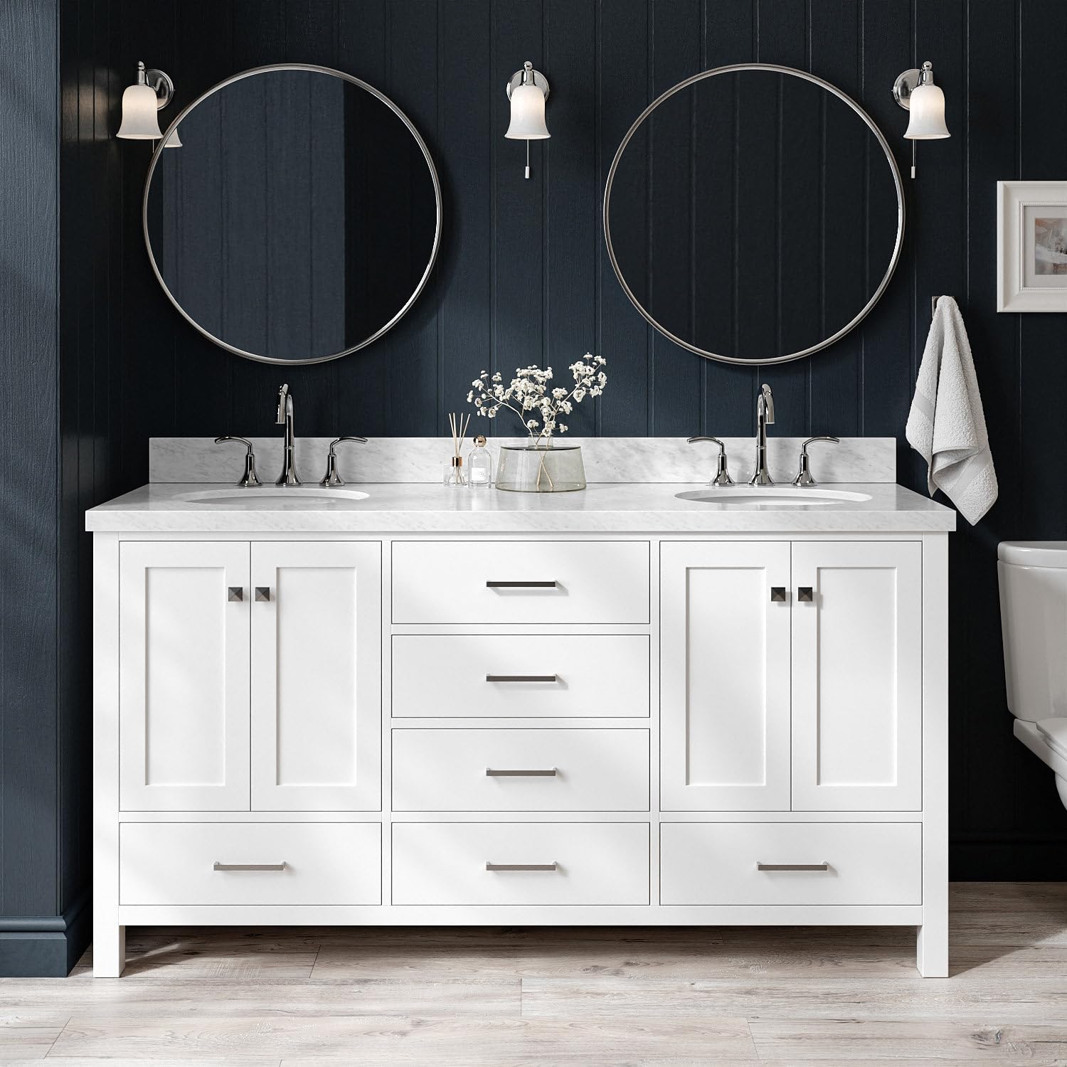 ARIEL Cambridge 66-inch Bathroom Vanity with Sink,Solid Wood, 1.5-inch Italian Carrara Marble Countertop & Backsplash, Double Oval Porcelain Sink, 4 Soft Closing Doors, 6 Dovetail Drawers, White