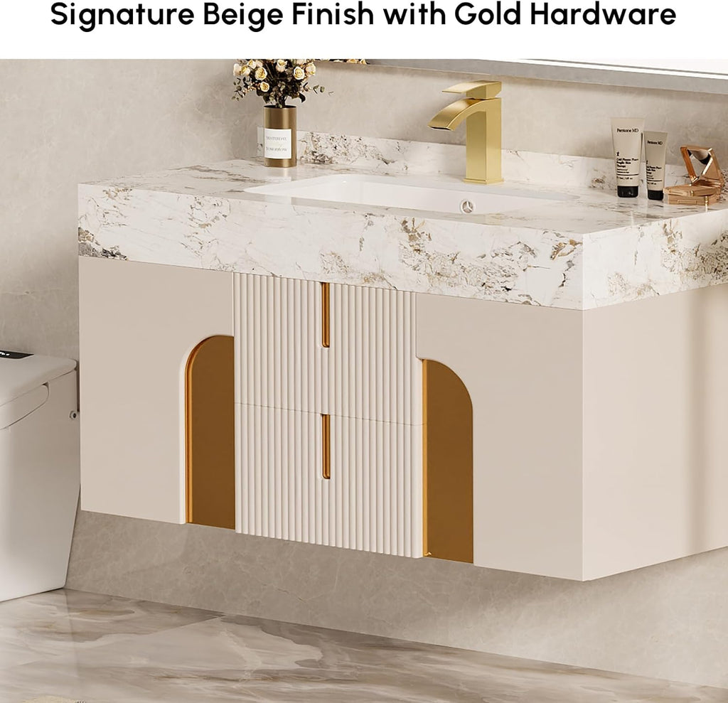 homary 36 Inch Bathroom Vanity with Sink, Contemporary Floating Vanity with Sintered Stone Countertop & Undermount Ceramic Basin, 2 Drawers & 2 Open Shelves, Space Saving Design, Beige