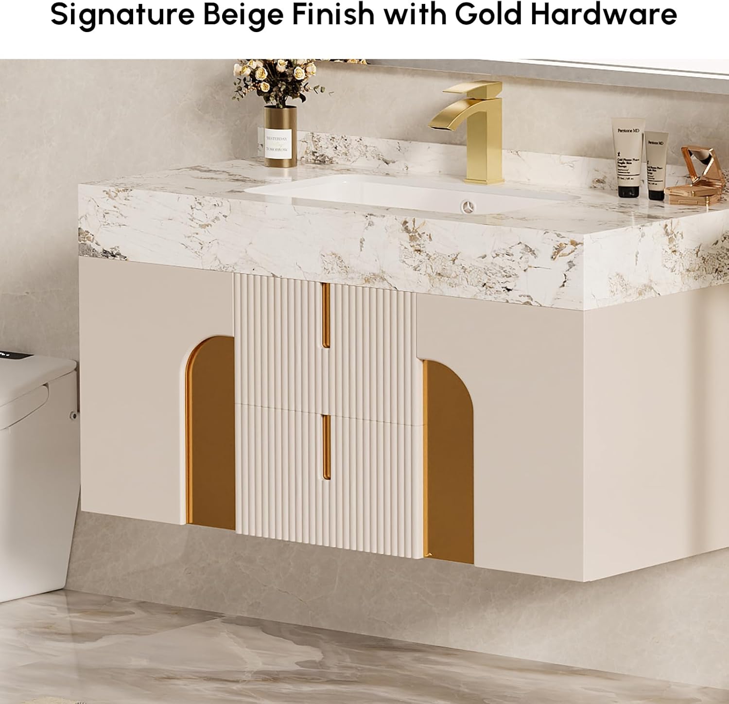 homary 36 Inch Bathroom Vanity with Sink, Contemporary Floating Vanity with Sintered Stone Countertop & Undermount Ceramic Basin, 2 Drawers & 2 Open Shelves, Space Saving Design, Beige
