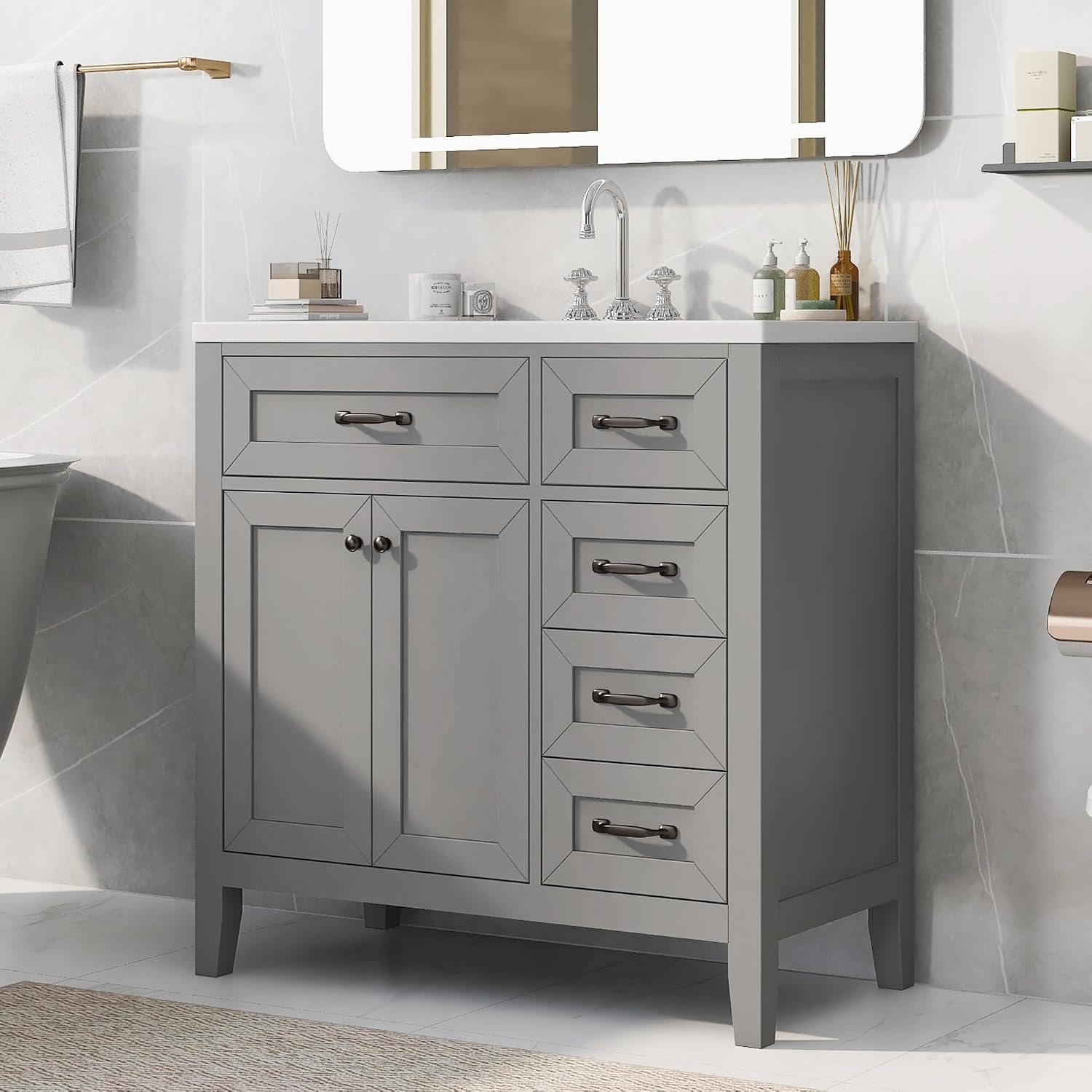 36 Inch Bathroom Vanity Without Sink, Base Only, Storage Cabinet with Doors and Drawers, Grey