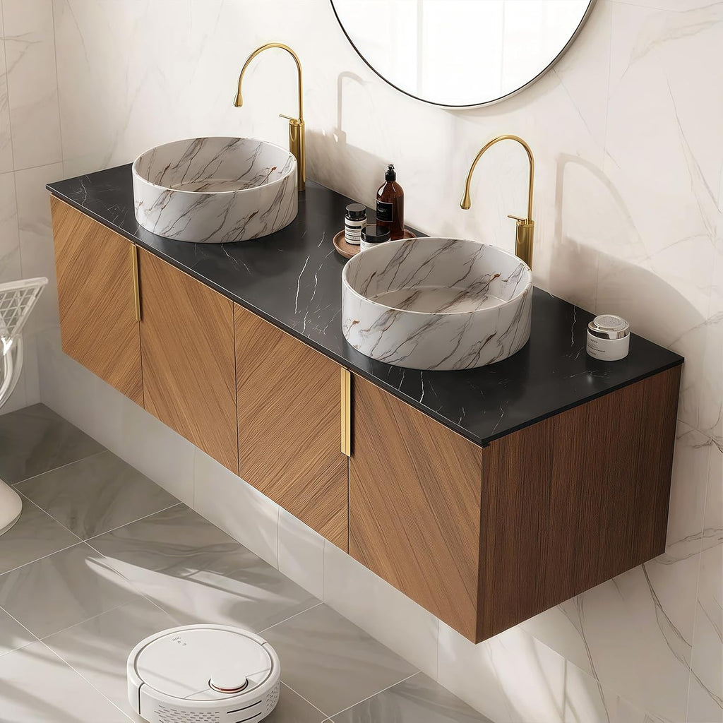 LKTART 60 Inch Bathroom Vanity Double Sink, Double Sink Bathroom Vanity with White Round Ceramic Basins, 4 Doors Modern Wall Mounted Bathroom Storage Cabinet, Black Sintered Stone Countertop, Brown
