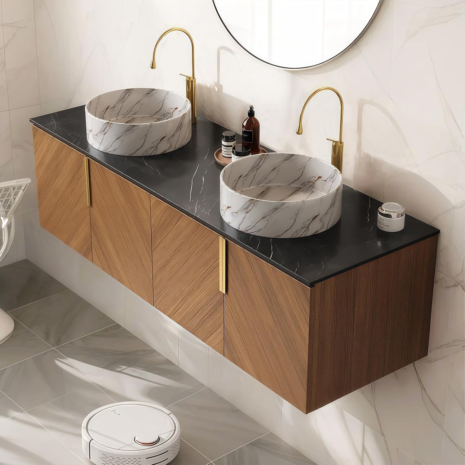 LKTART 60 Inch Bathroom Vanity Double Sink, Double Sink Bathroom Vanity with White Round Ceramic Basins, 4 Doors Modern Wall Mounted Bathroom Storage Cabinet, Black Sintered Stone Countertop, Brown