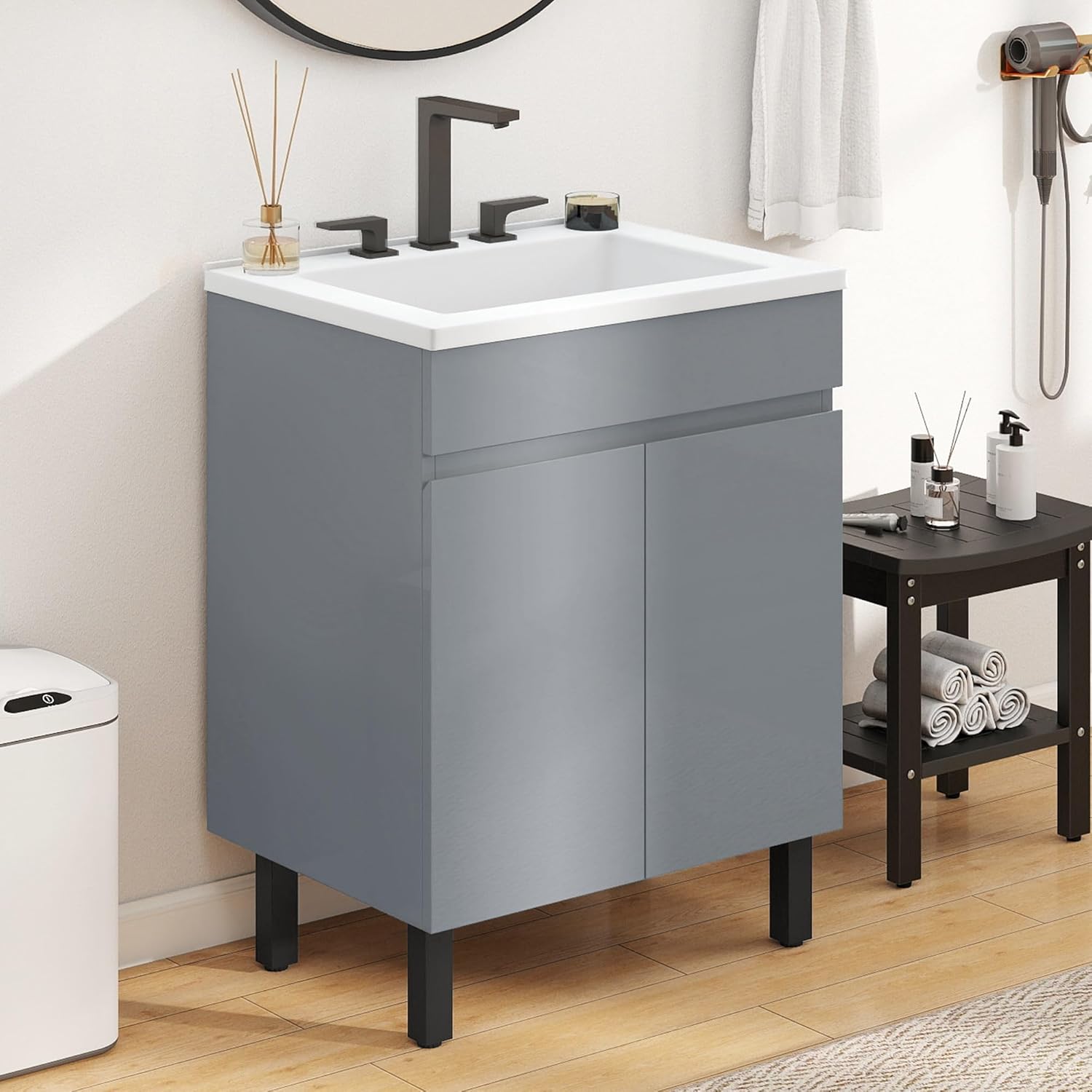 YITAHOME 24 Inch Bathroom Vanity with Sink, Bathroom Cabinet Vanity for Small Space, Freestanding Storage Bathroom Vanity with 2 Soft Closing Cabinets, Grey