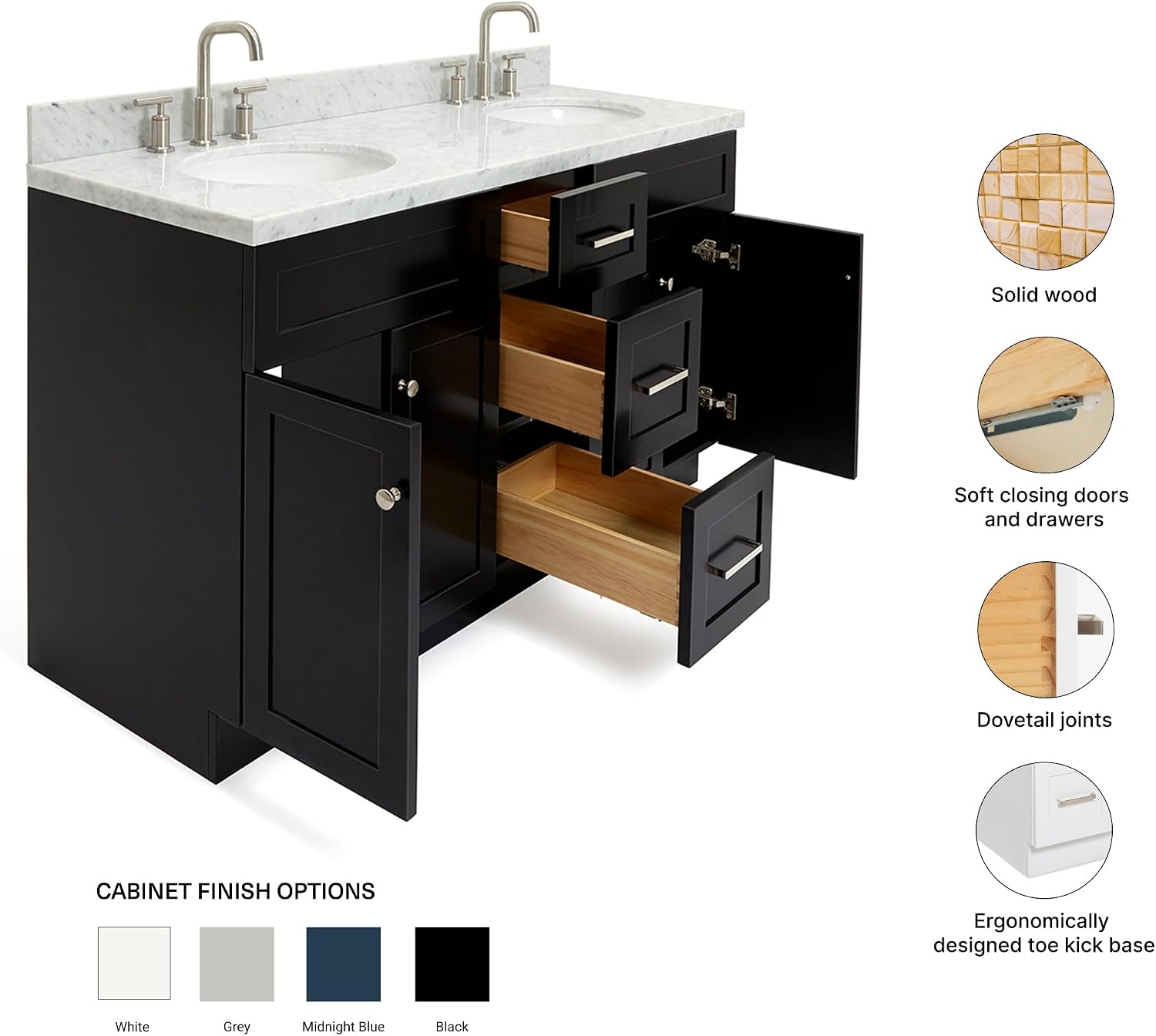 ARIEL Hamlet 60-inch Bathroom Vanity with Sink,Solid Wood, 1.5-inch Italian Carrara Marble Countertop & Backsplash, Double Oval Porcelain Sink, 4 Soft Closing Doors, 3 Dovetail Drawers, Black