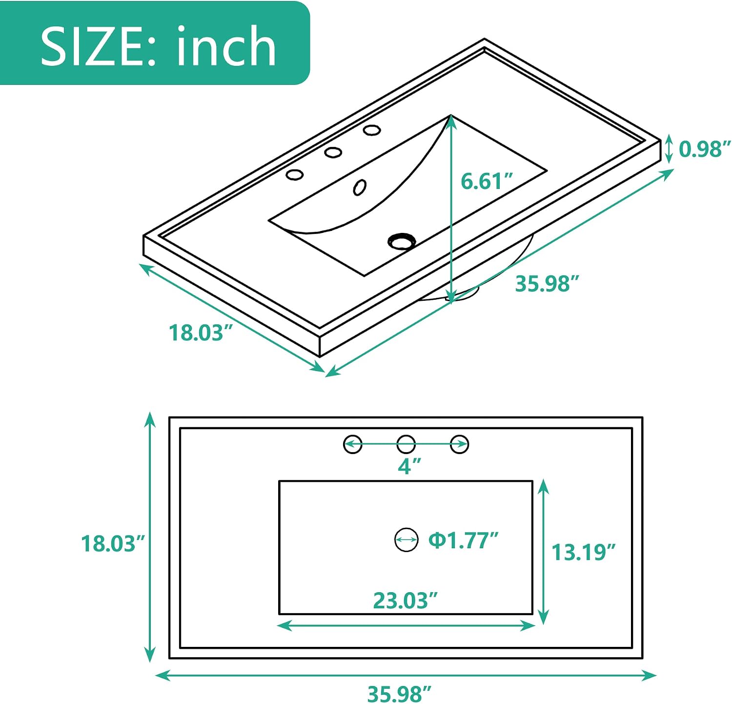 36' Bathroom Vanity Top Only, Drop-in Ceramic Sink with Pre-drilled 3 Holes and Overflow Hole
