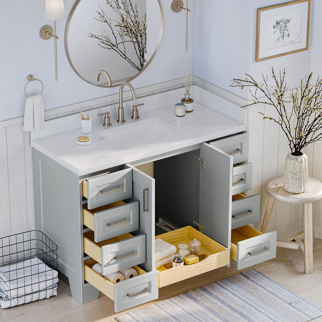 ARIEL Taylor 48-inch Bathroom Vanity with Sink,Solid Wood, 1.5-inch Pure White Quartz Countertop, Single Rectangular Porcelain Sink, 2 Soft Closing Doors, 9 Dovetail Drawers, Satin Brass, Grey