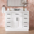 DKB Isabella 42-Inch White Bathroom Vanity with Sink, 1.5-Inch Edge Carrara Quartz Countertop, Solid Wood Frame, Oval Sink, 2 Soft Closing Doors, 9 Dovetail Drawers, Toe Kick