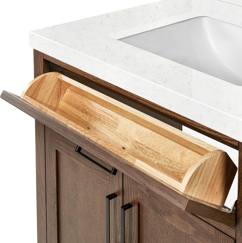 ARIEL Hepburn 30-inch Bathroom Vanity with Sink,Solid Wood, 1.5-inch Carrara White Quartz Countertop, Single Rectangular Porcelain Sink, 2 Soft Closing Doors, 1 Dovetail Drawers, Brown Oak