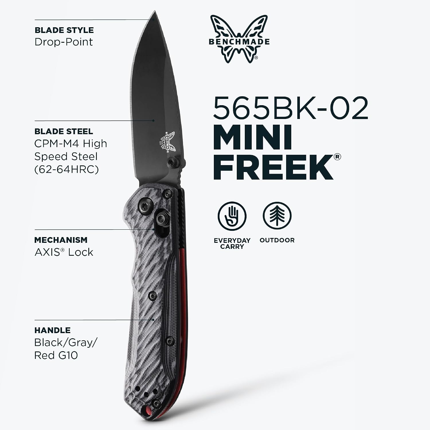 Benchmade - Mini Freek Outdoor EDC Knife, Drop-Point Blade with Gray/Black G10 Handle (565BK-2)