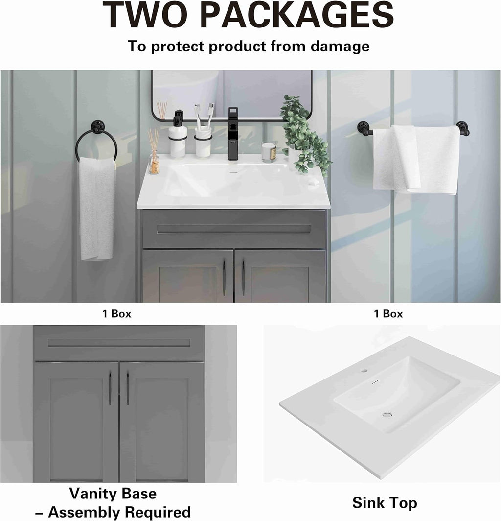36' Grey Shaker Bathroom Vanity with Sink – Solid Surface One-Piece Top, Soft-Close Doors, Polyurethane Nano Resin Sink, Pre-Drilled Faucet Hole, Modern Bath Vanity Cabinet Set