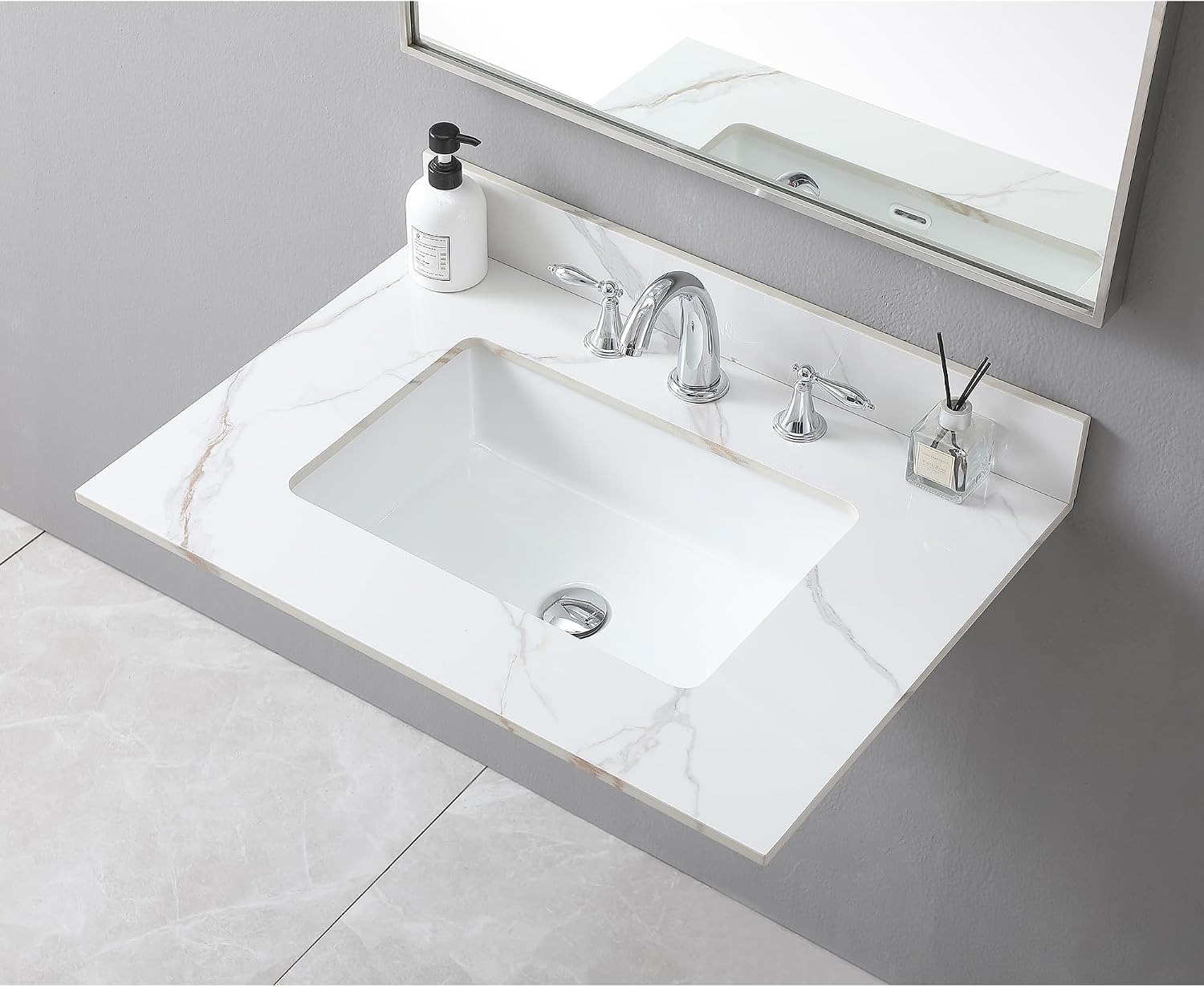 31 x 22 Inch Bathroom Vanity Top, Sintered Stone Top with Ceramic Sink, Three Hole Vanity Top With Undermount Rectangular Sink and 1 Backsplash (Carrara Gold, 3 Hole)