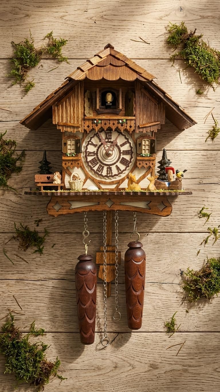 Cuckoo Palace German Cuckoo Clock – Black Forest Hillside Chalet with Animal Figures – Quartz Movement with Music – Night Silence Sensor – 10.6 Inch Wall Clock