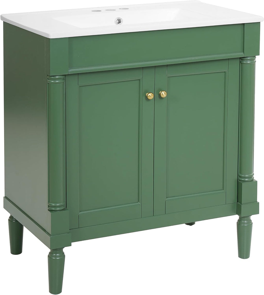 30' Vintage Bathroom Vanity with Sink & Countertop Mid-Century Retro Bathroom Vanity with 2 Soft-Close Doors Freestanding Bathroom Storage Cabinet with Roman Column Base & Metal Handles,Green