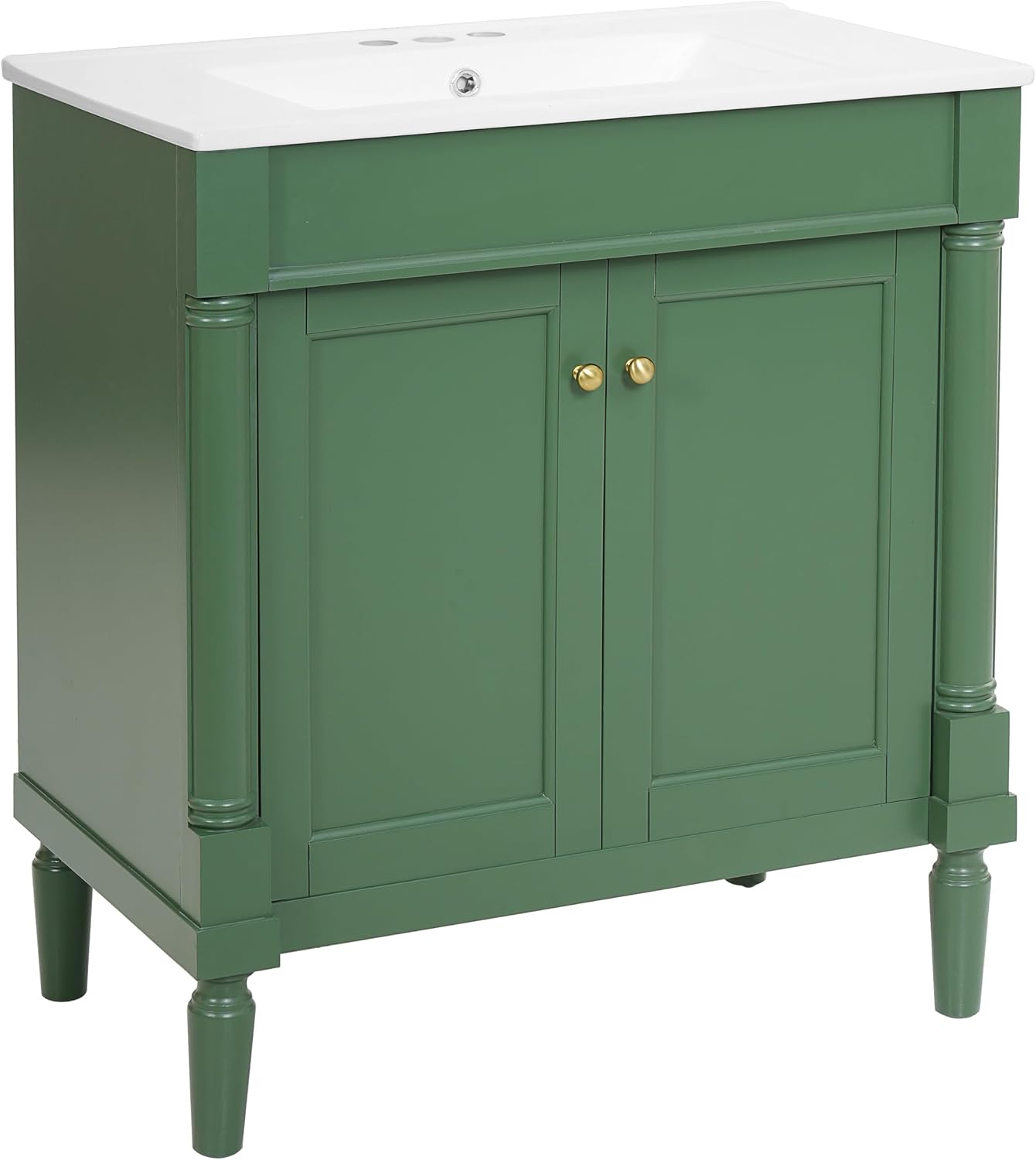 30' Vintage Bathroom Vanity with Sink & Countertop Mid-Century Retro Bathroom Vanity with 2 Soft-Close Doors Freestanding Bathroom Storage Cabinet with Roman Column Base & Metal Handles,Green
