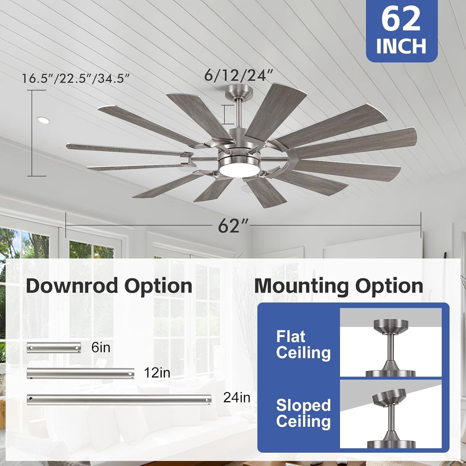 62 Inch Outdoor Ceiling Fan with Light Remote, Modern Large Ceiling Fan with Light, Large Airflow Industrial DC Cieling Fan with 12 Blade, Damp-Rated Outdoor Ceiling Fans for Patios Porch Farmhouse