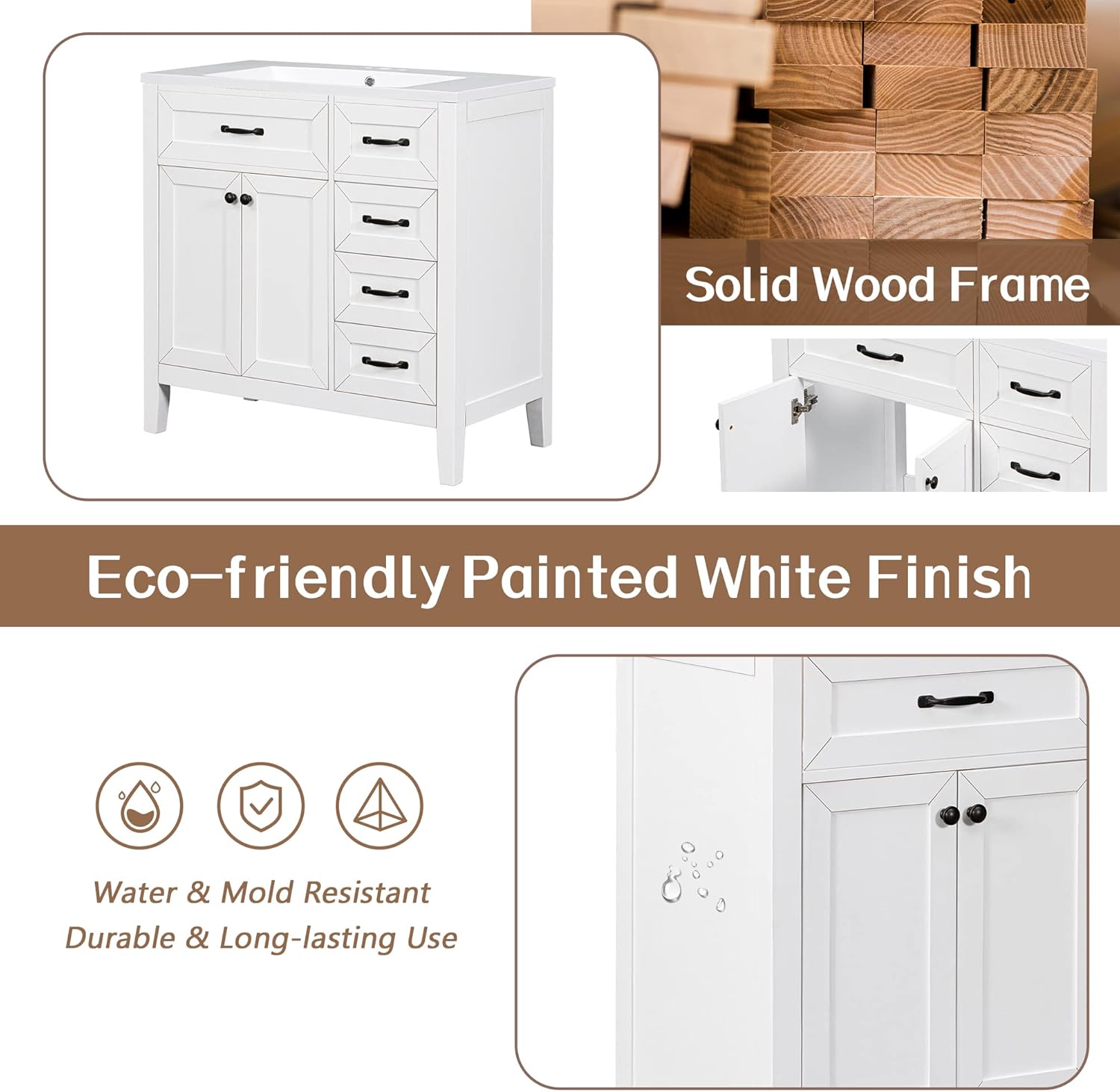 36' Bathroom Vanities Cabinet with Ceramic Sink Top, Two Doors and Three Drawers, Soft-Closing Door, Solid Wood Legs, White