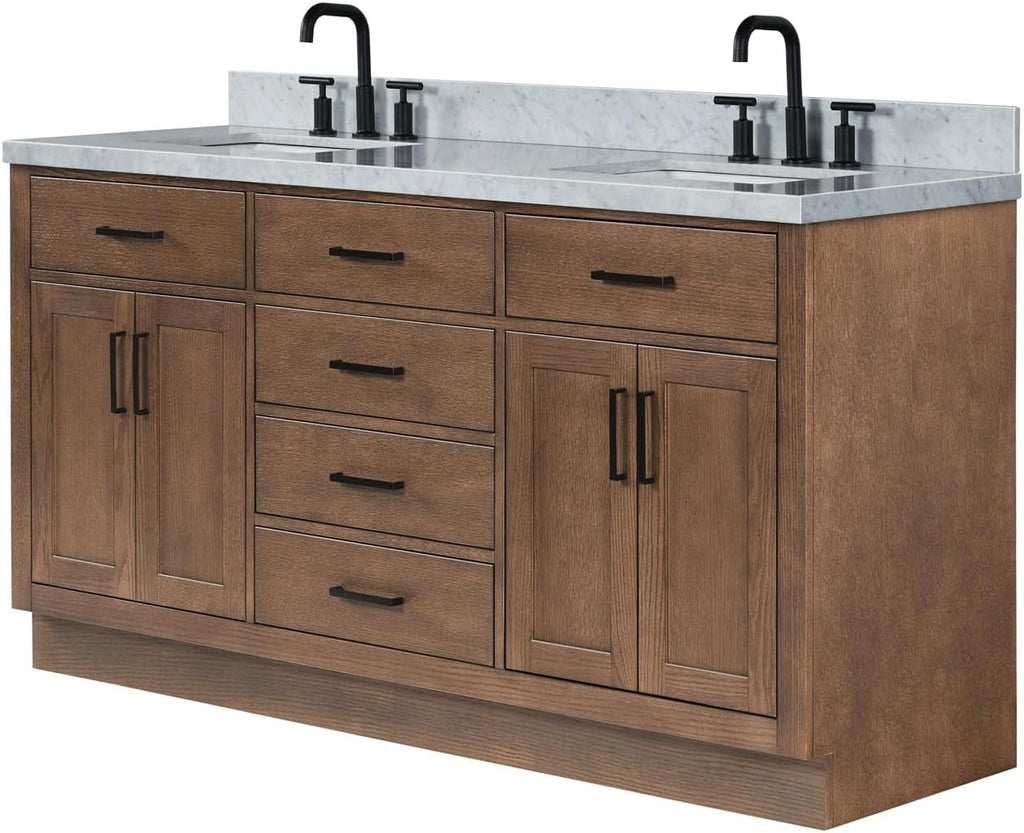 ARIEL Hepburn 66-inch Bathroom Vanity with Sink,Solid Wood, 1.5-inch Italian Carrara Marble Countertop, Double Rectangular Porcelain Sink, 4 Soft Closing Doors, 6 Dovetail Drawers, Brown Oak