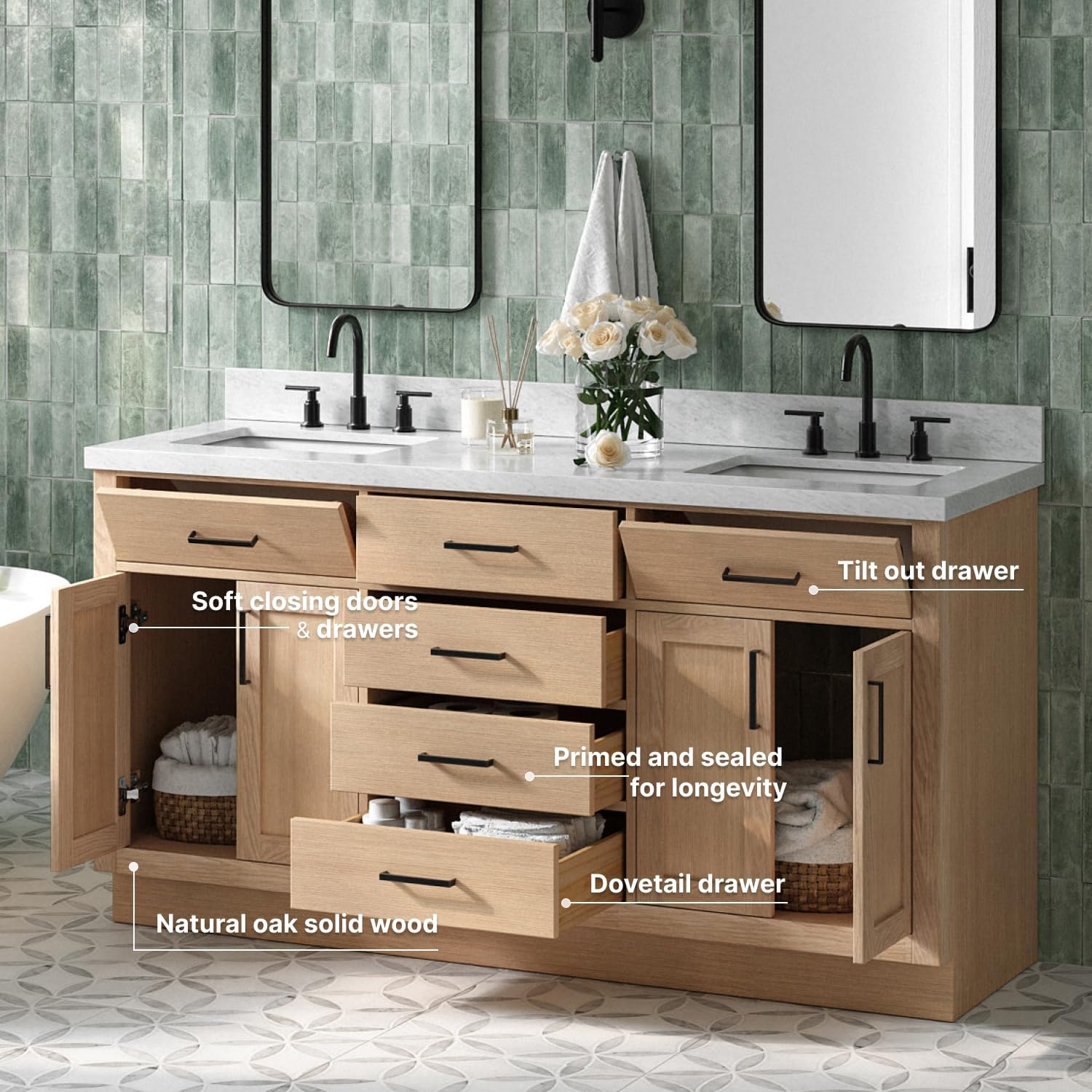 ARIEL Hepburn 66-inch Bathroom Vanity with Sink,Solid Wood, 1.5-inch Italian Carrara Marble Countertop, Double Rectangular Porcelain Sink, 4 Soft Closing Doors, 6 Dovetail Drawers, White Oak