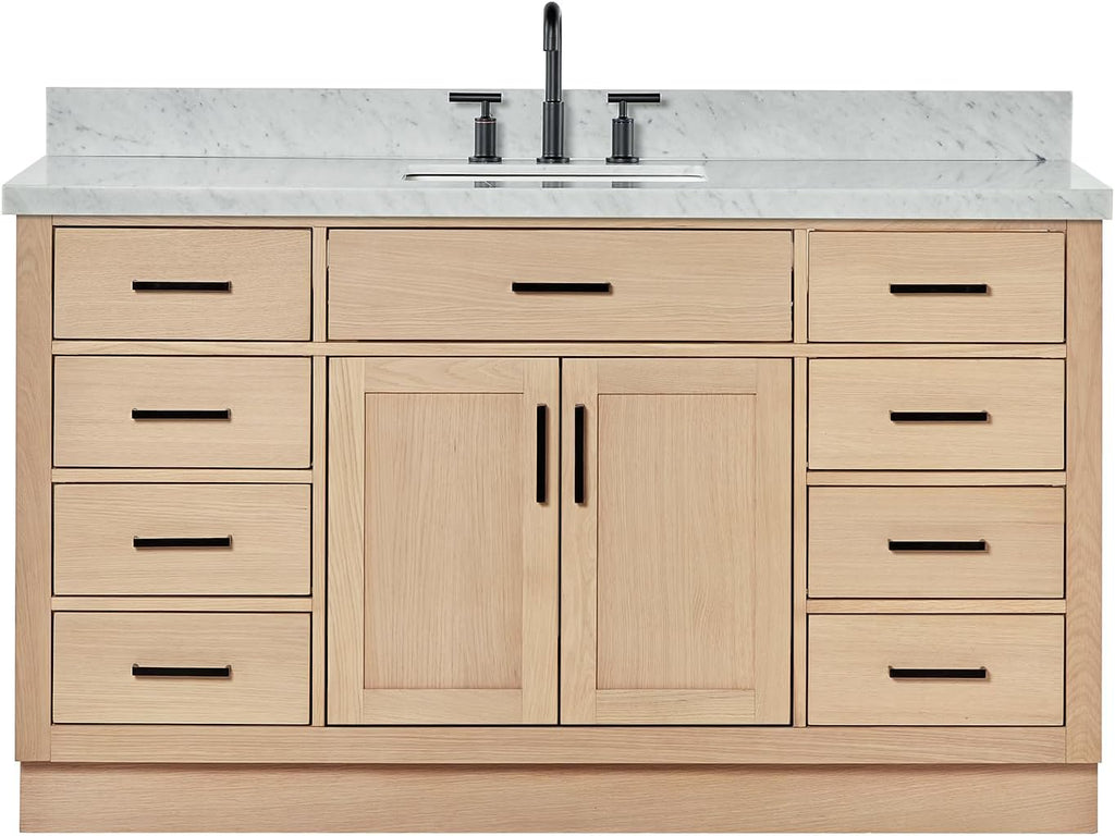 ARIEL Hepburn 60-inch Bathroom Vanity with Sink,Solid Wood, 1.5-inch Italian Carrara Marble Countertop, Single Rectangular Porcelain Sink, 2 Soft Closing Doors, 9 Dovetail Drawers, White Oak