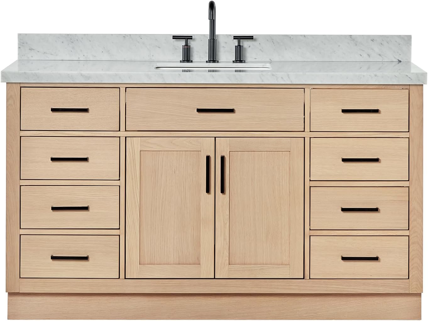 ARIEL Hepburn 60-inch Bathroom Vanity with Sink,Solid Wood, 1.5-inch Italian Carrara Marble Countertop, Single Rectangular Porcelain Sink, 2 Soft Closing Doors, 9 Dovetail Drawers, White Oak