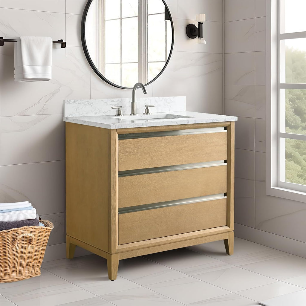 HOMEBEYOND 36 Inch Bathroom Vanity with Sink & Ceramic Top, Vanity Cabinet with Solid Wood Frame, Soft-Closing Doors, Drawers, Natural Oak