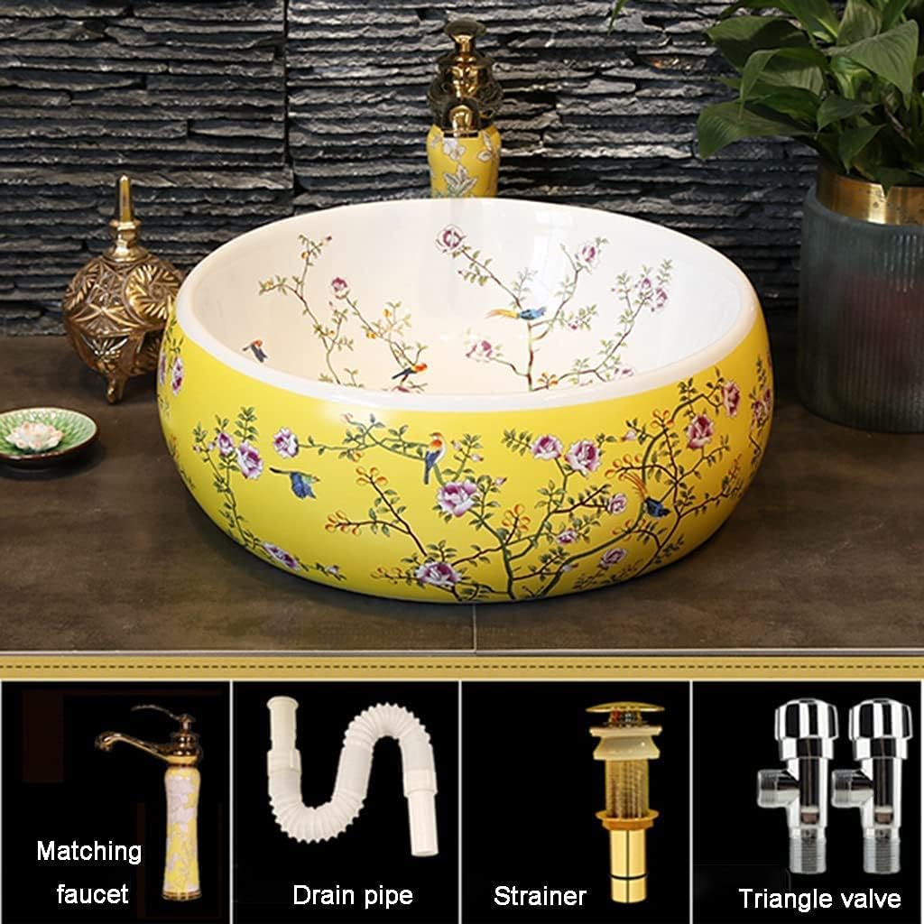 Bathroom Vessel Sink, Antique Vanity Bowl Basin Vanity Sink Tops Chinese Ceramic Lowes Bathroom Vanities Individual Flower and Bird Art Basin(Yellow-Set)