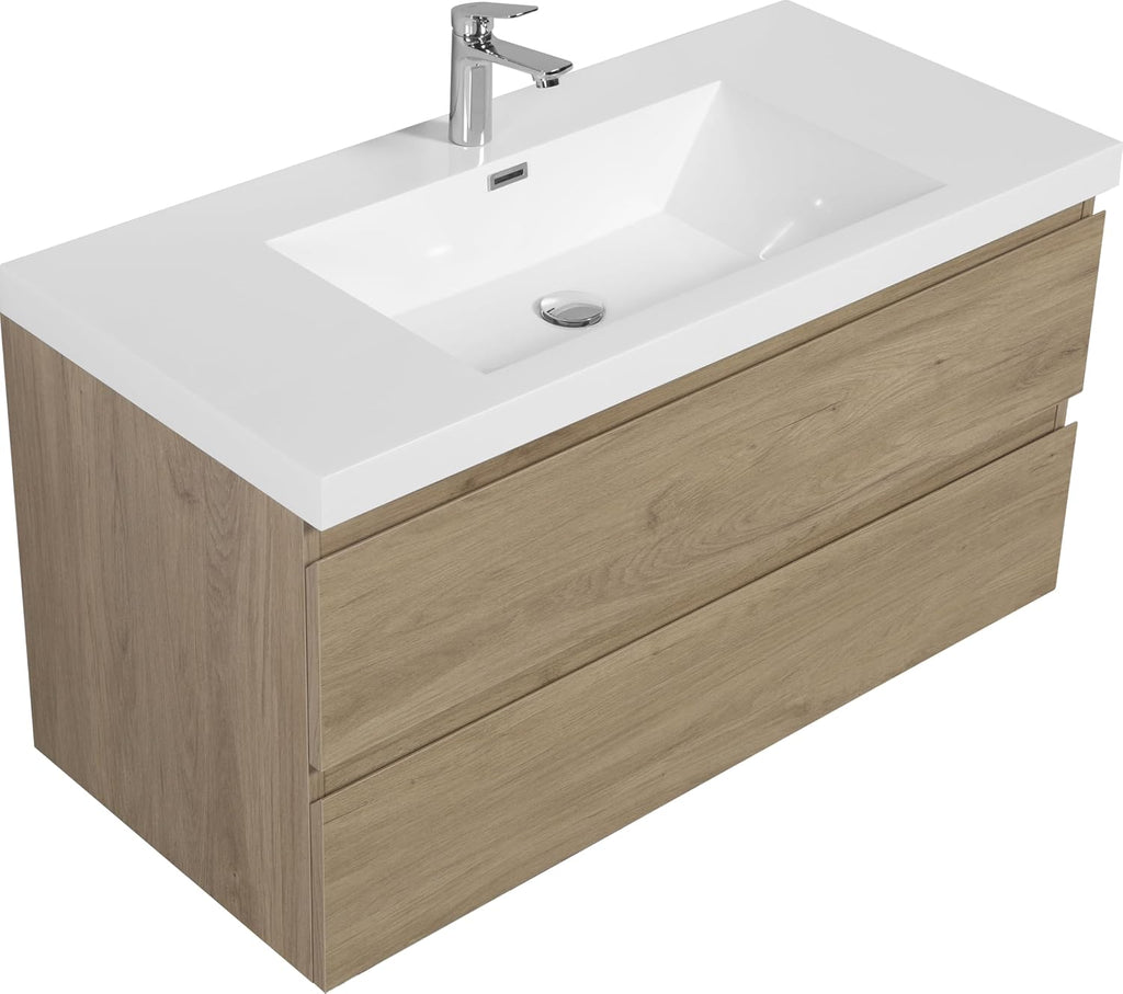 42' Floating Bathroom Vanity with Sink, Modern Wall Mounted Bathroom Storage Vanity Cabinet with Resin Top Basin and Soft Close Drawers, Natural Oak 24V11 42NO