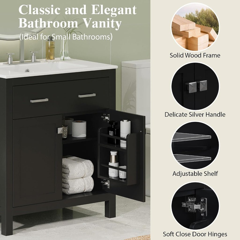 Harper & Bright Designs 60' Bathroom Vanity Set with Double Sink, Vanity Cabinet with Flip Drawer, 2 Doors, and Adjustable Shelf, Solid Wood Bathroom Cabinet with Ceramic Basin for Bathroom, Black