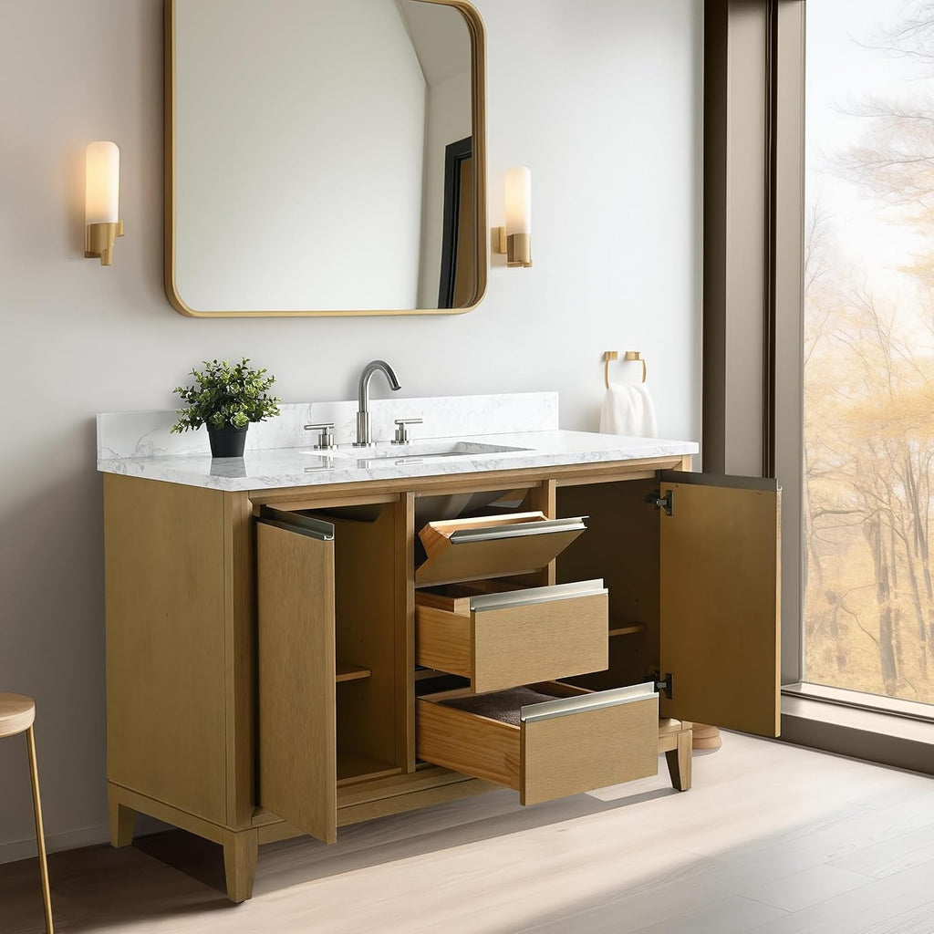 Vanity Art 48 inch Bathroom Vanity with Sink & Ceramic Top, Vanity Cabinet with Soft-Closing Doors, Drawers, Solid Wood Frame, Natural Oak, VA8048-NO1