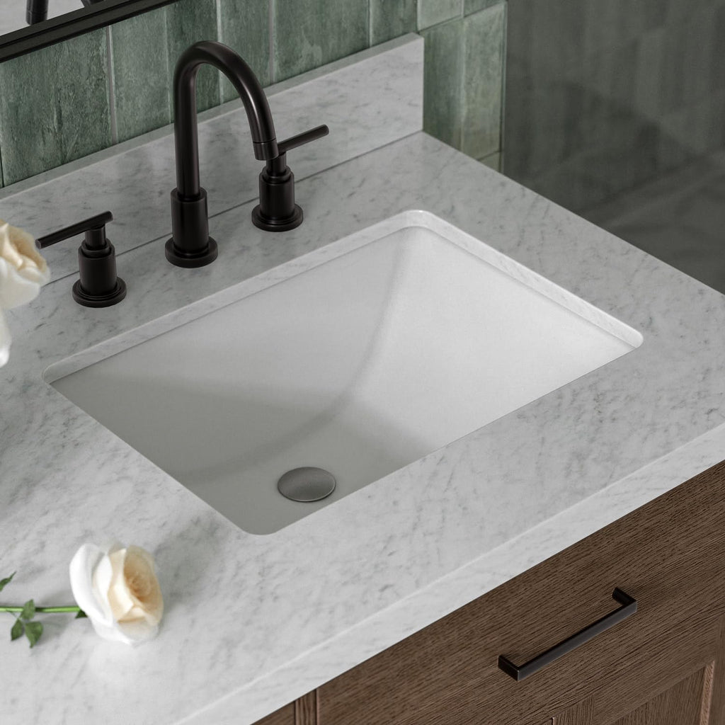 ARIEL Hepburn 66-inch Bathroom Vanity with Sink,Solid Wood, 1.5-inch Italian Carrara Marble Countertop, Double Rectangular Porcelain Sink, 4 Soft Closing Doors, 6 Dovetail Drawers, Brown Oak