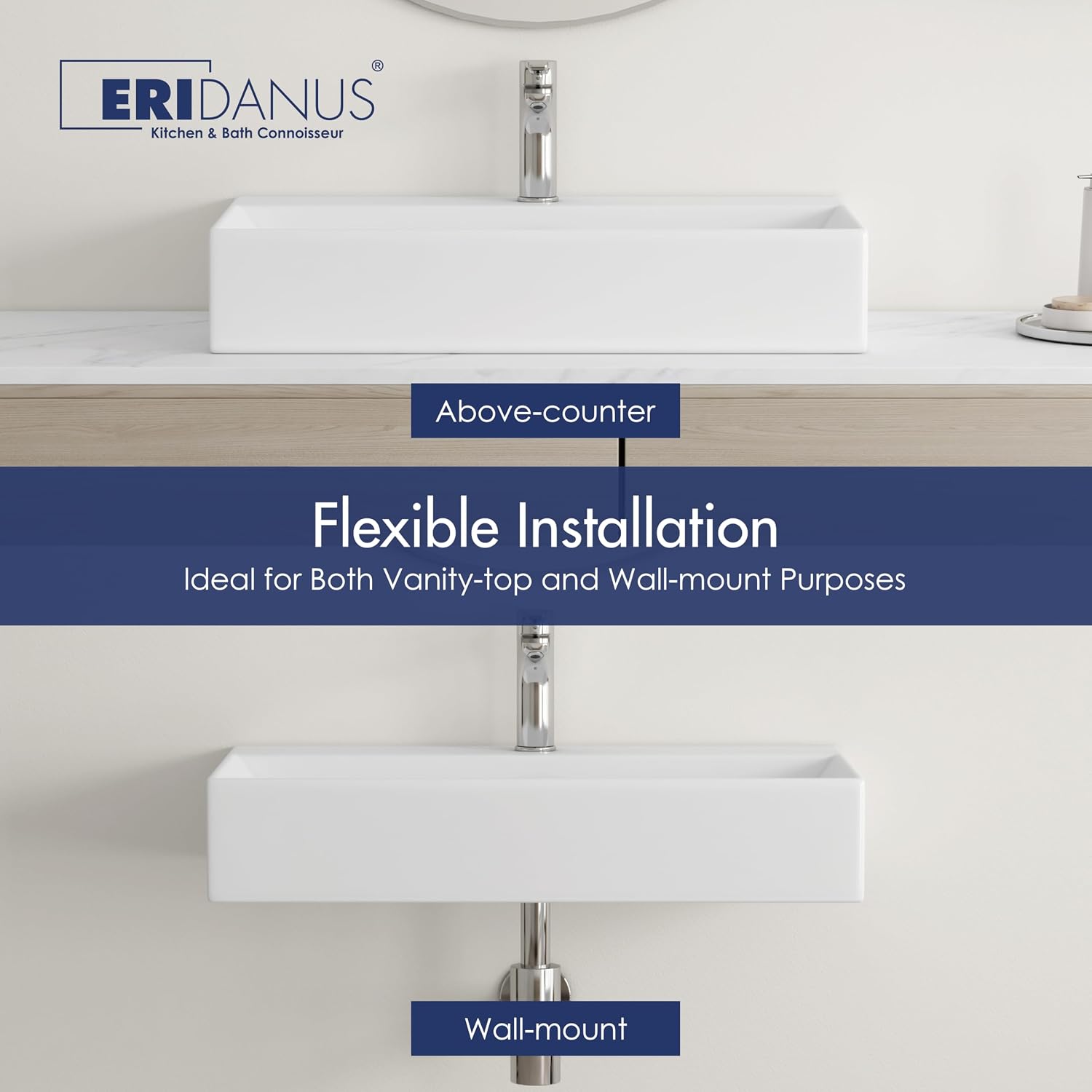 Eridanus Bathroom Sink 30' x 16' Rectangular Vessel Sink, Wall Mount Above Counter Vanity Sink, Premium Ceramic White Art Basin with Overflow, Lavatory Trough Floating Washbasin