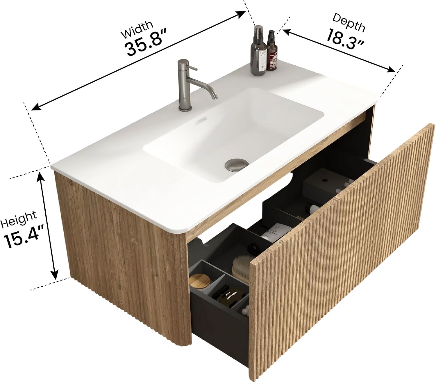 36' Bathroom Vanity with Sink, Modern Floating Vanity with Large Storage Push Open Drawer, for Apartment, Hotel, White, Fully Assembled - Camellia Collection