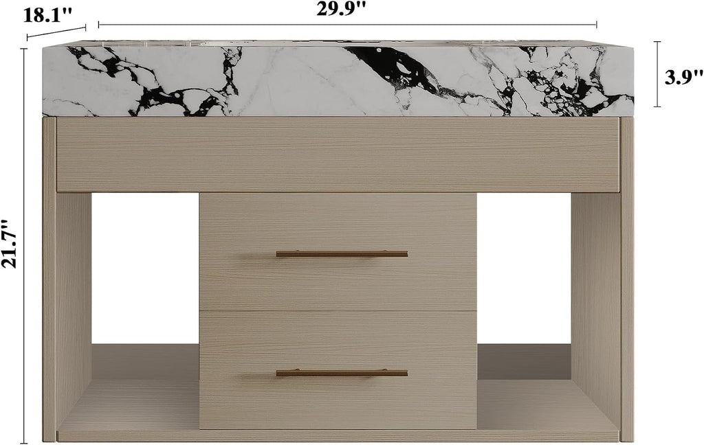 30' Bathroom Vanity with Sink Set, Modern Oak Wall Mounted Bathroom Vanity Cabinet with Sintered Stone Top&Gold Handle 2 Drawers&2 Open Storage, Single Sink Floating Bathroom Vanity
