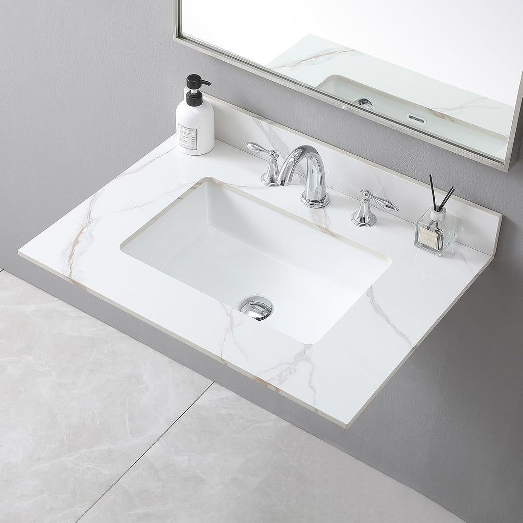 31 Inch Bathroom Vanity Top, Carrara Gold Sintered Stone Vanity Top with Rectangle Undermount Ceramic Sink and Top Backsplash, 31' Vanity Sink Top - 3 Holes, No Cabinet