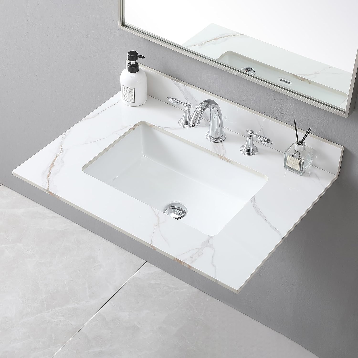 31 Inch Bathroom Vanity Top, Carrara Gold Sintered Stone Vanity Top with Rectangle Undermount Ceramic Sink and Top Backsplash, 31' Vanity Sink Top - 3 Holes, No Cabinet