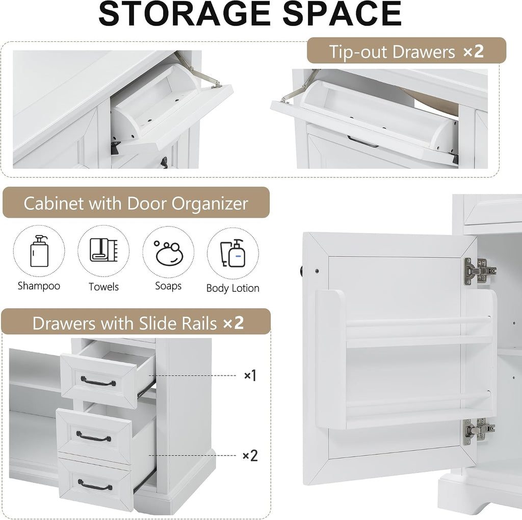 Mirightone 36' Vanity with Sink, Bathroom Vanities 36 inch with Sink, Single Sink Bathroom Vanity, 36 Restroom Vanity with Top, Includeing 2 Tip-Out Drawers and Soft Close Door Hinges (White)
