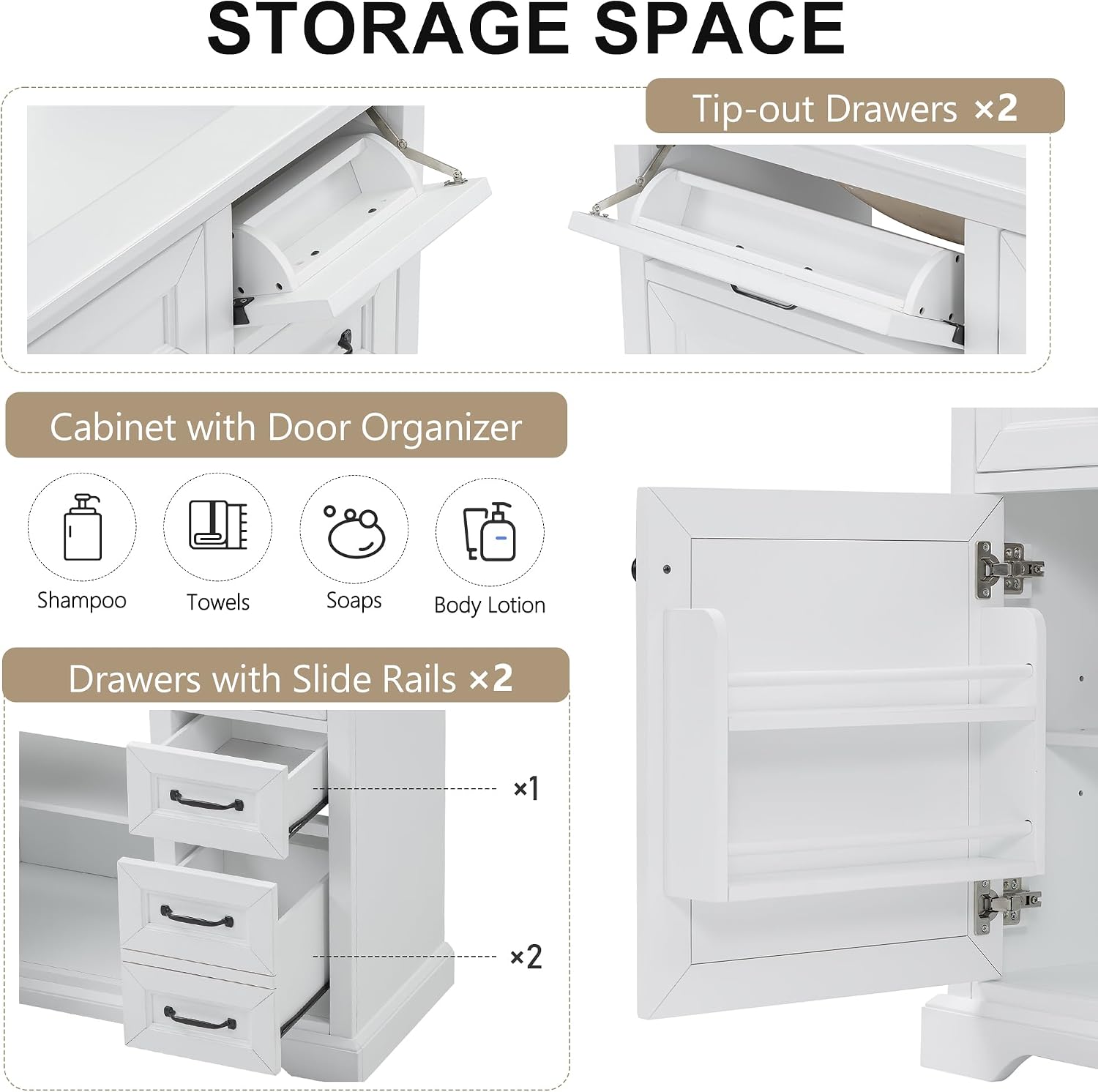36' Bathroom Vanities Cabinet with Ceramic Sink Set Combo, Tip-Out Drawers, Storage Organizer Door Shelf, Soft-Closing Door, White