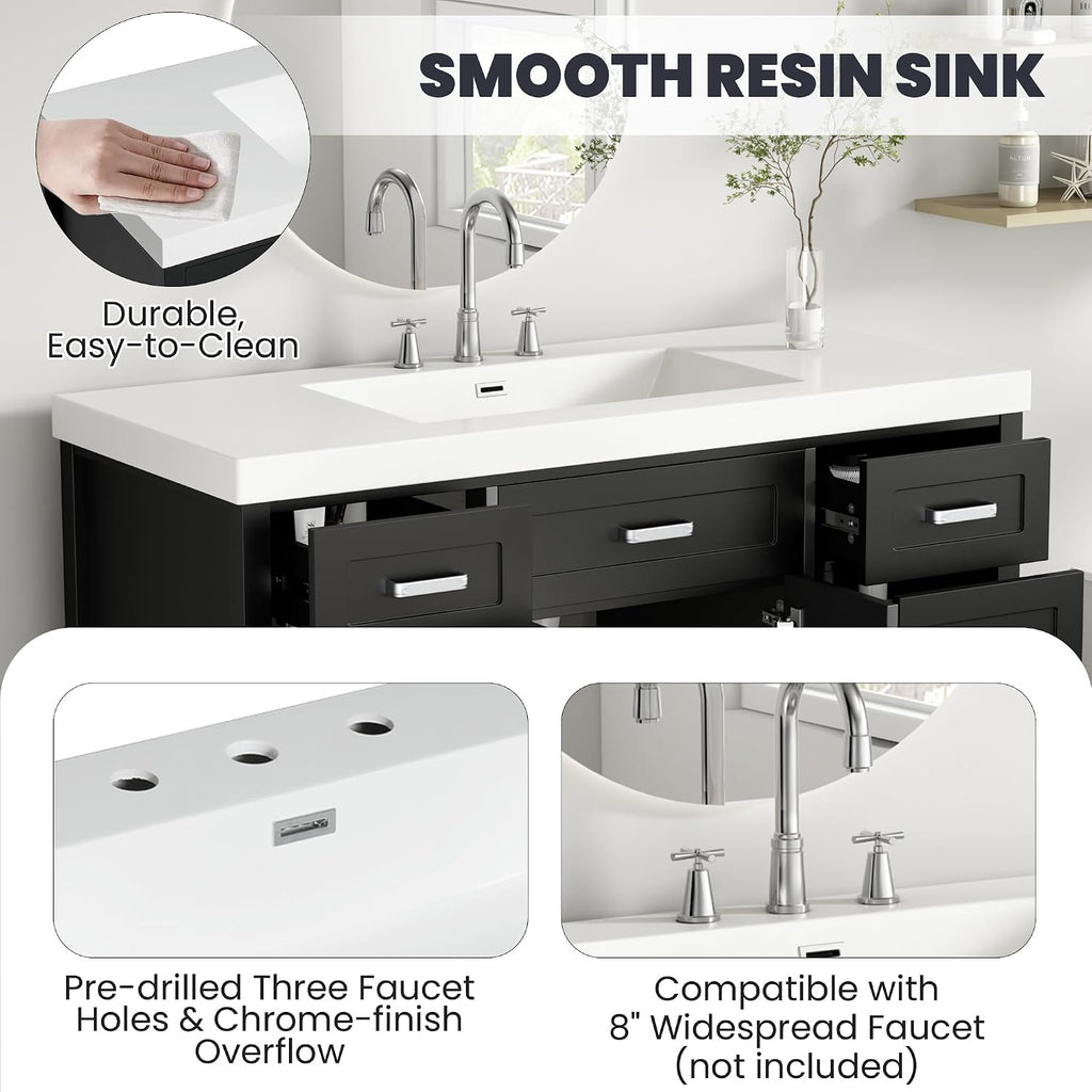 Harper & Bright Designs 48' Bathroom Vanity Set with Sink, Free Standing Single Basin Vanity Set with 2 Soft-Close Doors and 8 Drawers, Wood Storage Cabinet with Resin Basin for Bathroom, Black