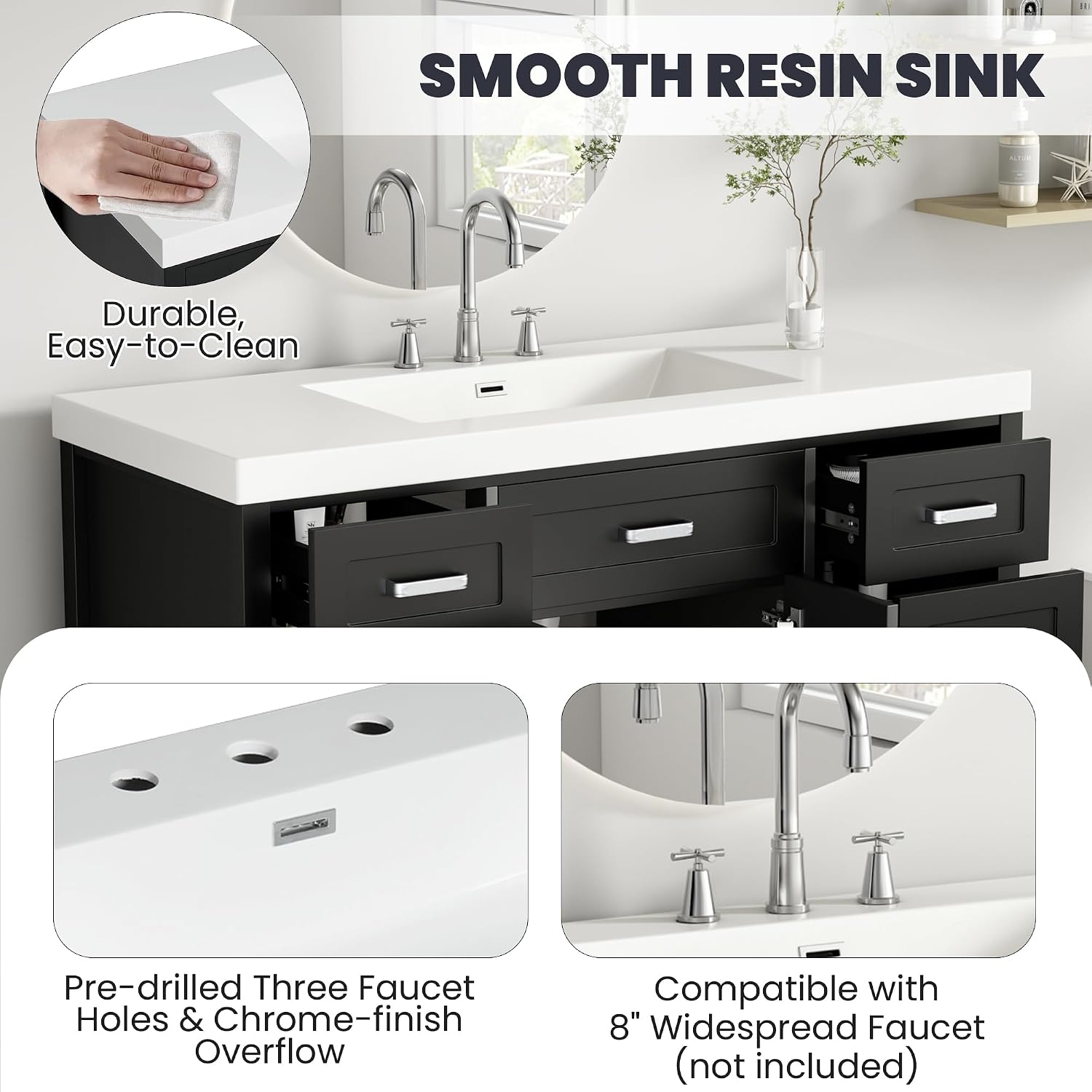 Harper & Bright Designs 48' Bathroom Vanity Set with Sink, Free Standing Single Basin Vanity Set with 2 Soft-Close Doors and 8 Drawers, Wood Storage Cabinet with Resin Basin for Bathroom, Black
