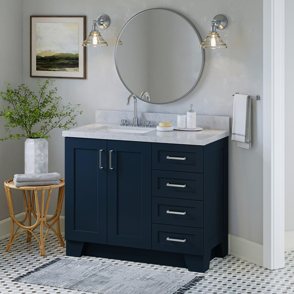 ARIEL Taylor 42-inch Bathroom Vanity with Sink,Solid Wood, 1.5-inch Italian Carrara Marble Countertop, Single Rectangular Porcelain Sink, 2 Soft Closing Doors, 5 Dovetail Drawers, Midnight Blue
