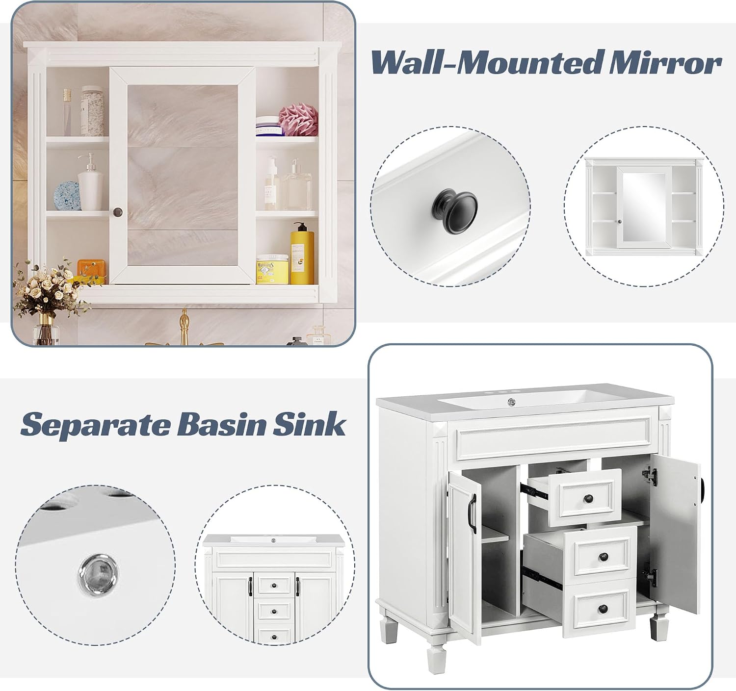Merax 36' Bathroom Vanities with Matching Medicine Cabinet & Single Sink, Modern Undermount Bathroom Sink Cabinet with 3 Closing Doors & 2 Full Extension Dovetail Drawers