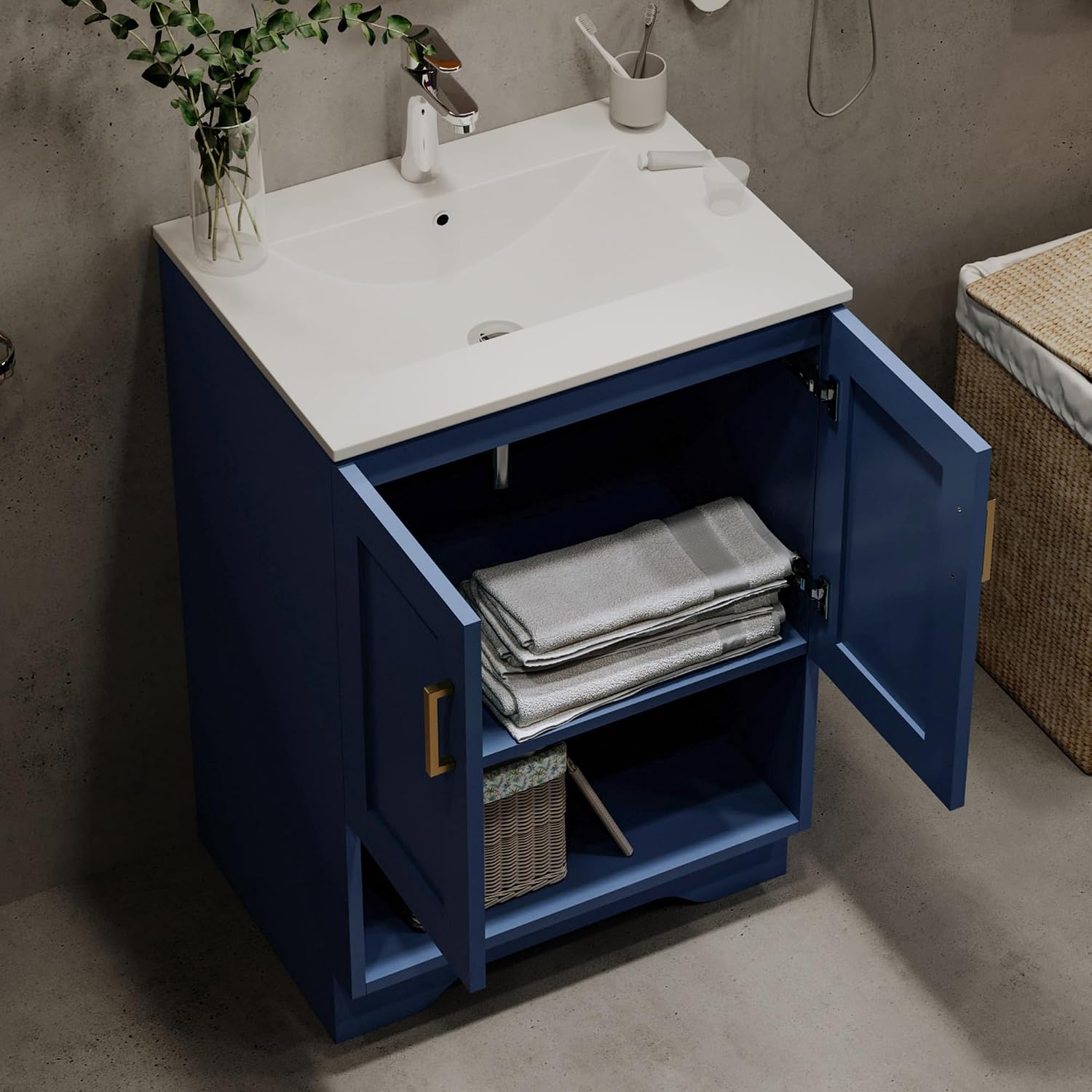24 Inch Modern Bathroom Vanity with Ceramic Sink - Freestanding Cabinet 2 Soft-Close Doors & 1 Open Shelf, White Space-Saving Design for Powder Rooms (Blue)