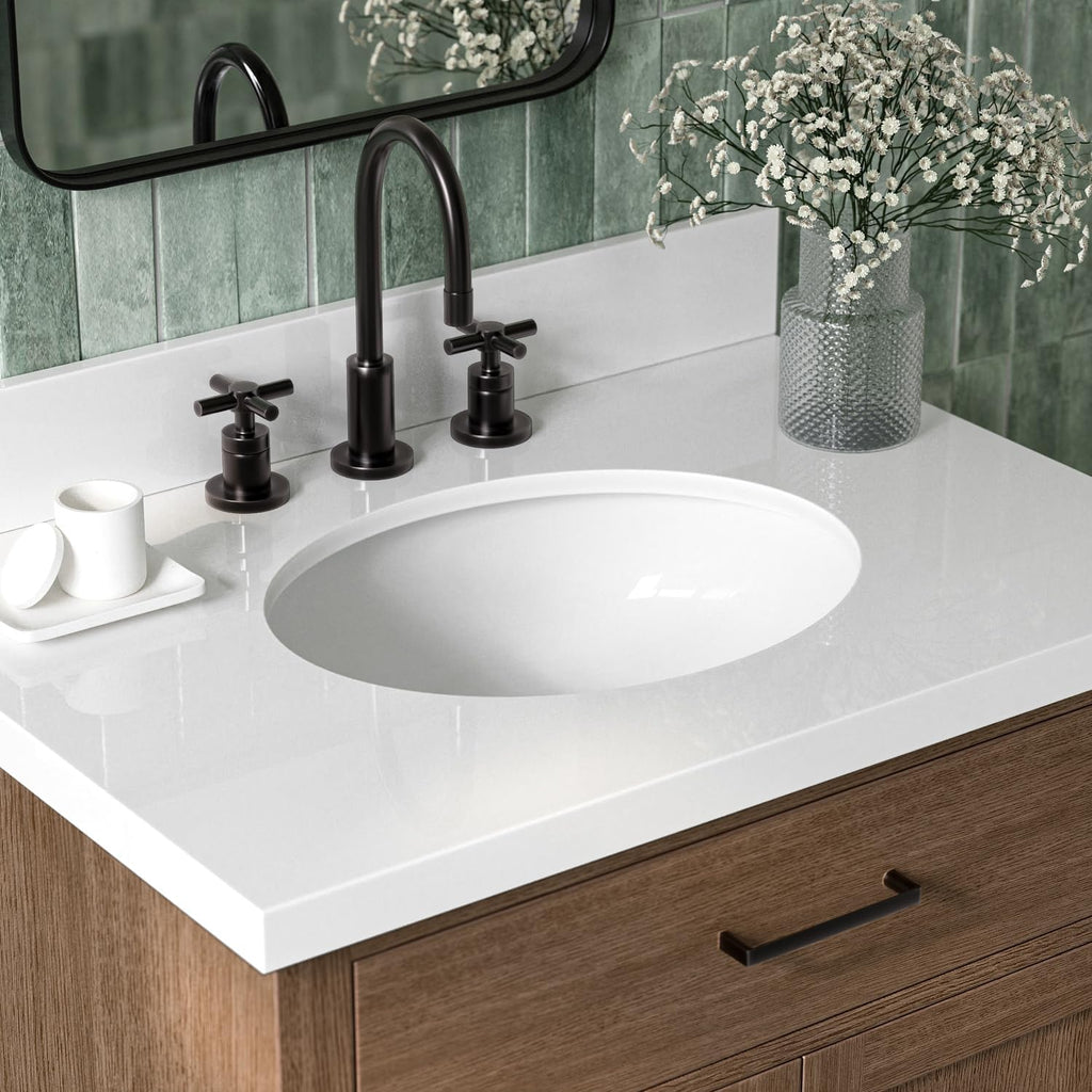 ARIEL Hepburn 30-inch Bathroom Vanity with Sink,Solid Wood, 1.5-inch Pure White Quartz Countertop & Backsplash, Single Oval Porcelain Sink, 2 Soft Closing Doors, 1 Dovetail Drawers, Brown Oak