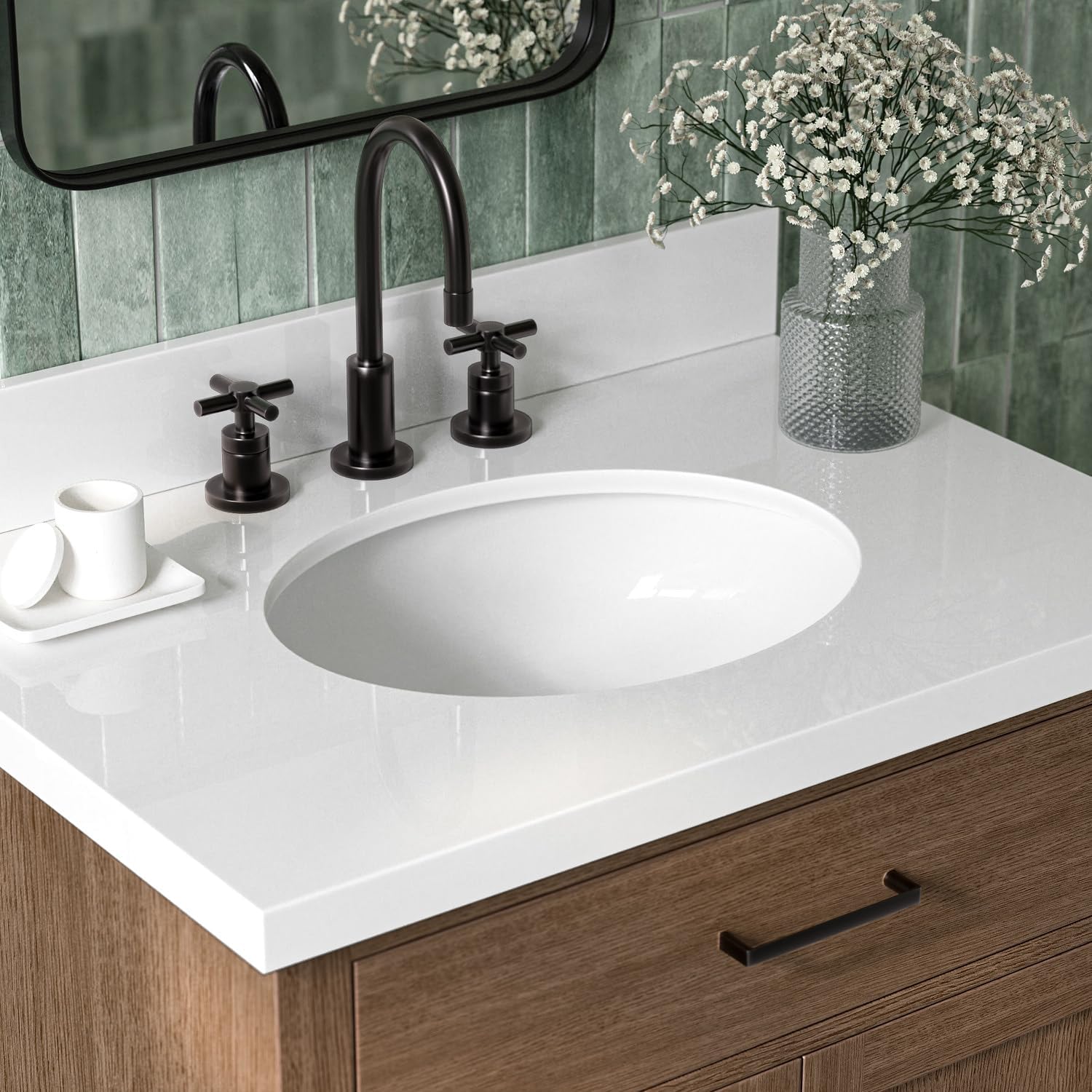 ARIEL Hepburn 30-inch Bathroom Vanity with Sink,Solid Wood, 1.5-inch Pure White Quartz Countertop & Backsplash, Single Oval Porcelain Sink, 2 Soft Closing Doors, 1 Dovetail Drawers, Brown Oak