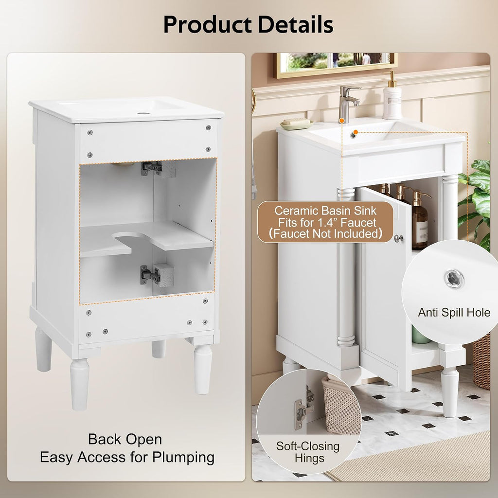 VilroCaz Modern 18'' Bathroom Vanity with Top Sink, Freestanding Bathroom Storage Cabinet with Door and Adjustable Shelf, Single Sink Cabinet with Nordic Style Legs (White-Right-Open)